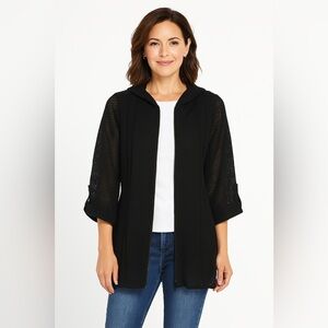 MISOOK Mesh Perforated Zip Up Hooded Jacket XS Black 3/4 Sleeve tab acrylic knit